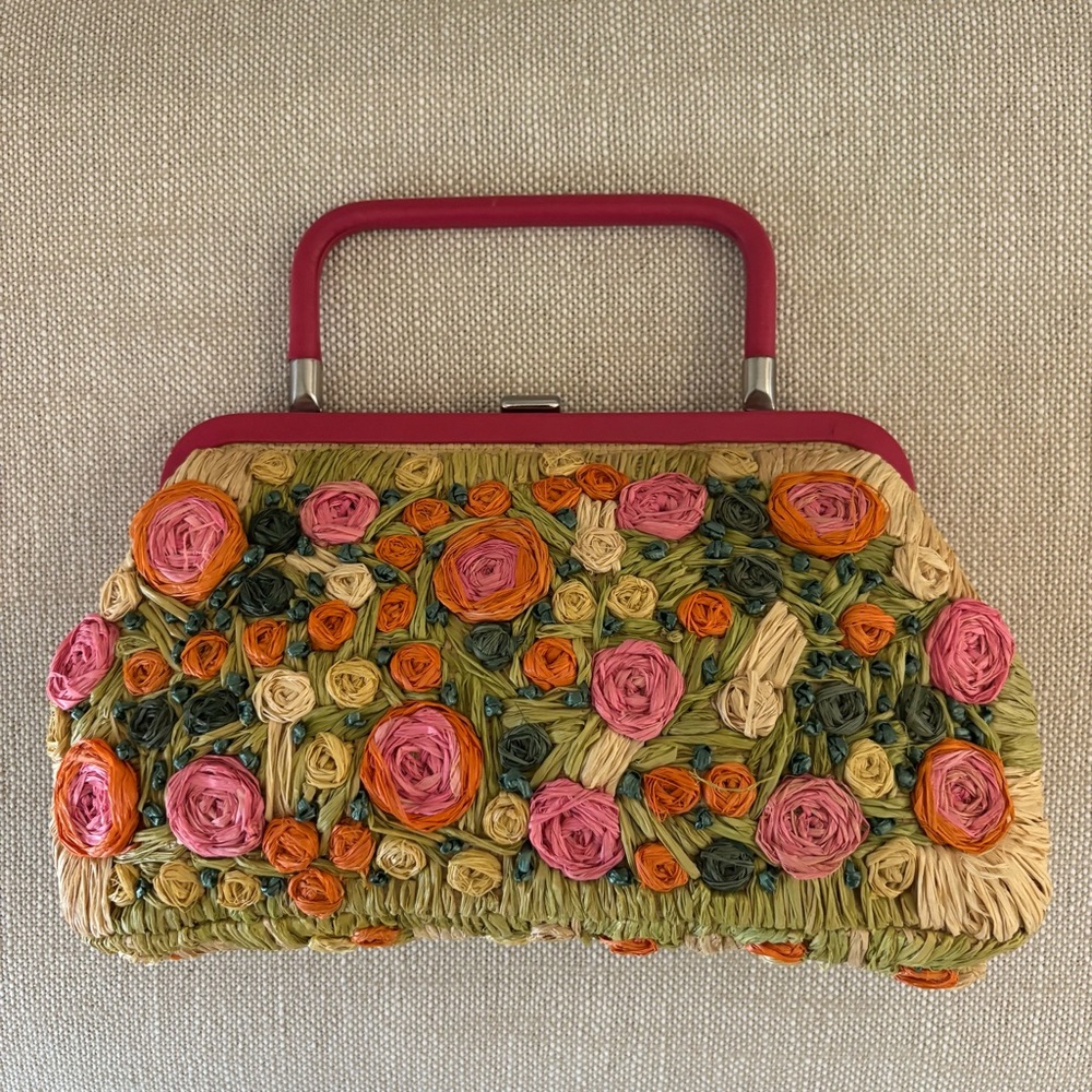 Ann Taylor Roses Raffia Clutch/Purse Vintage 1990’s Pink Orange Green Crossbody - Picture 2 of 9